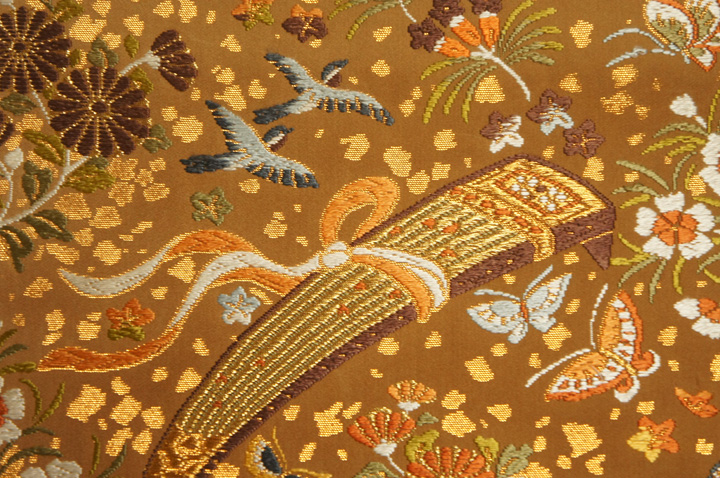 【定番限定品】特選『河合美術織物』茶色金箔地器花鳥園図袋帯O11192 仕立て上がり